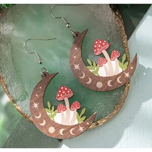 New! Adorable Groovy Crescent Moon Phases Mushroom Dangle Earrings!